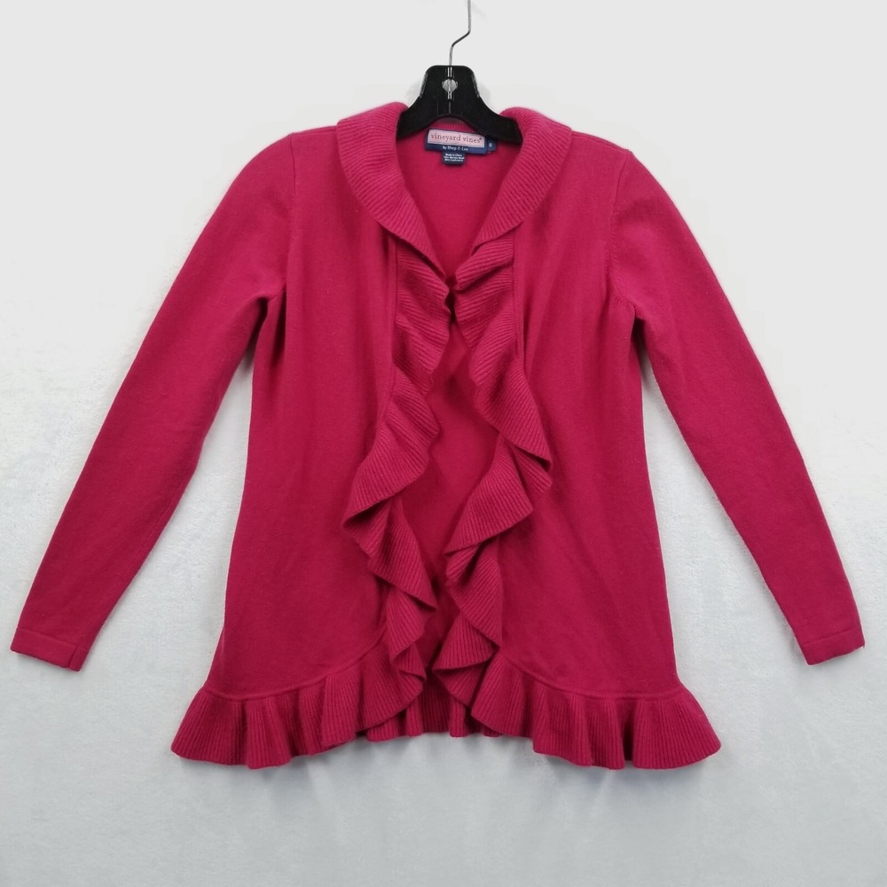 Vineyard Vines Cardigan Women S Red Merino Cashmere‎ Ruffle Open Front Sweater